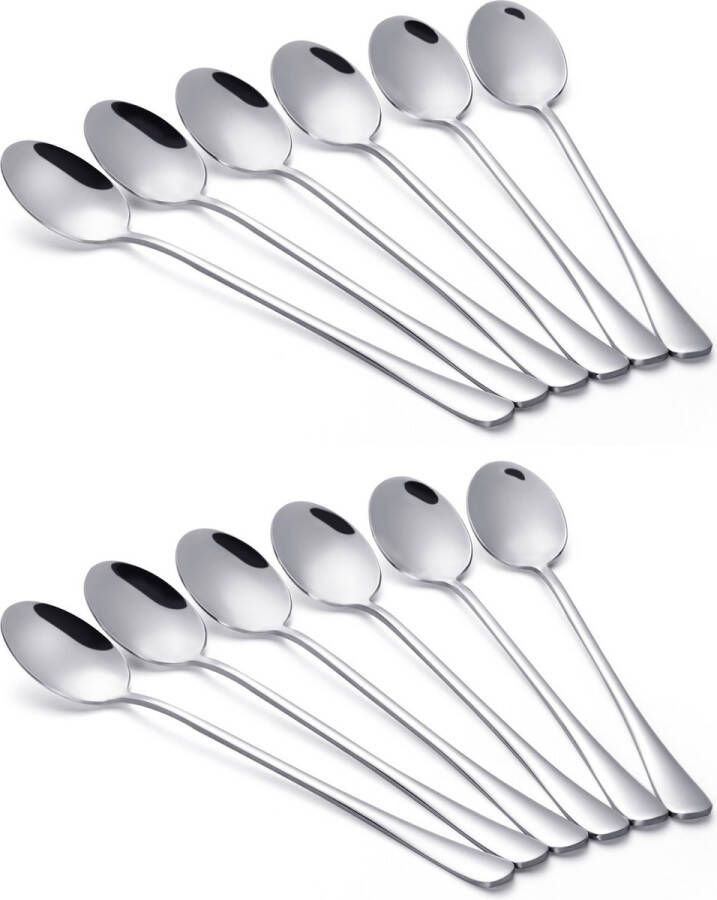 Alheco 12 lange ovale lepels – Latte macchiato – Dessertlepels set – 19 5cm – Sorbetlepels – IJslepels Theelepels Zilver