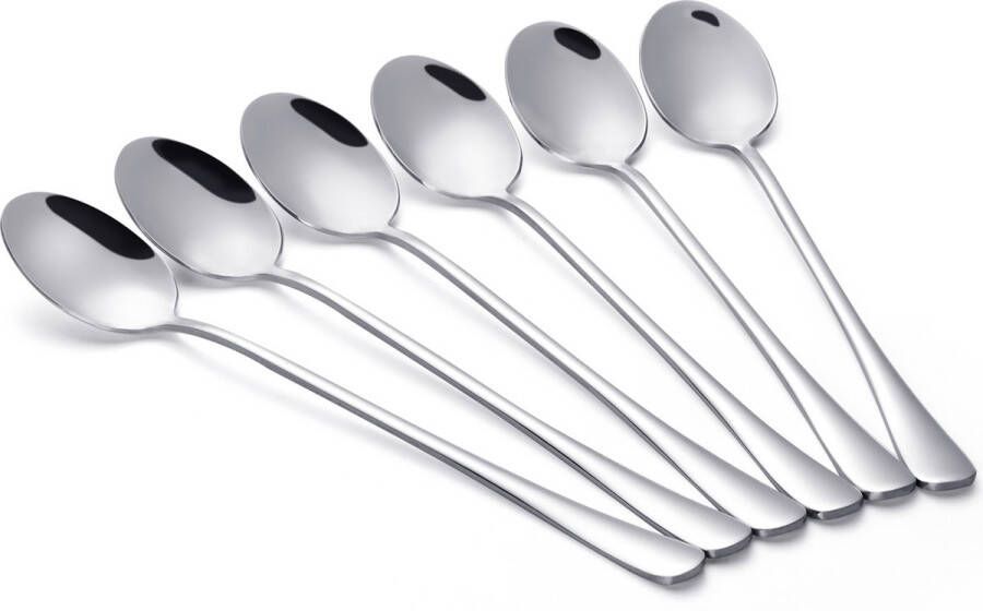 Alheco 6 lange ovale lepels – Latte macchiato – Dessertlepels set – 19 5cm – Sorbetlepels – IJslepels Theelepels Zilver