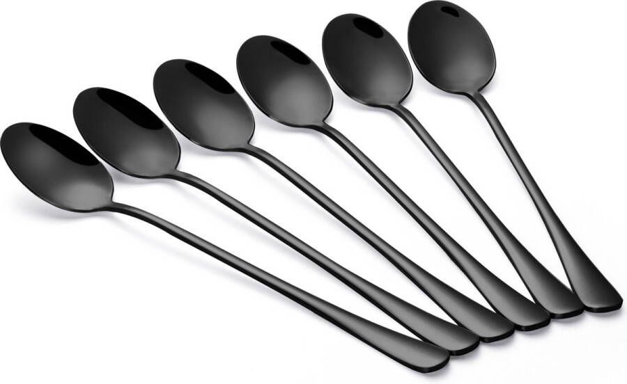 Alheco 6 lange ovale lepels – Latte macchiato – Dessertlepels set – 19 5cm – Sorbetlepels – IJslepels Theelepels Zwart