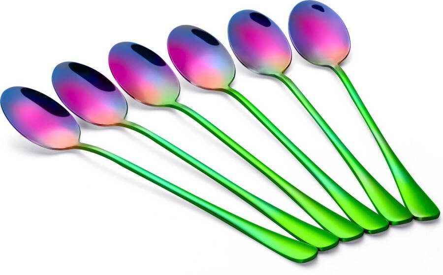 Alheco 6 lange ovale lepels – Latte macchiato – Dessertlepels set – 19 5cm – Sorbetlepels – IJslepels Theelepels Regenboog