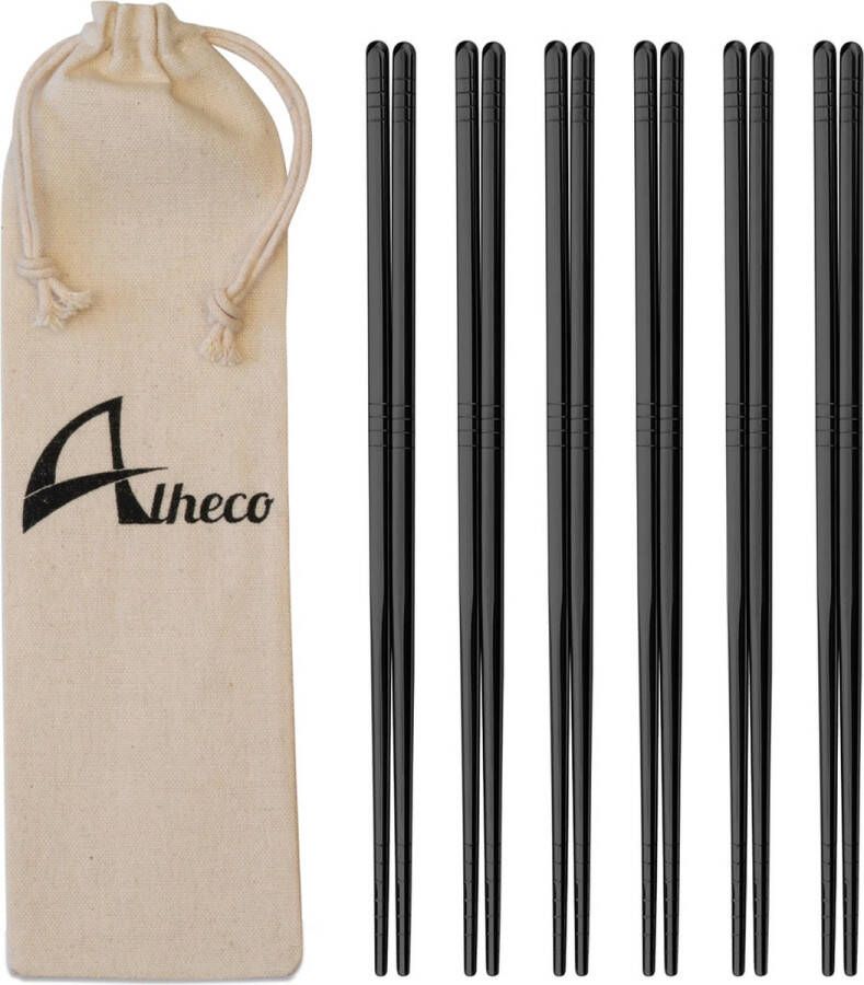 Alheco Set van 6 paar Koreaanse chopsticks Eetstokjes metaal voor sushi RVS Vaatwasserbestendig Zwart
