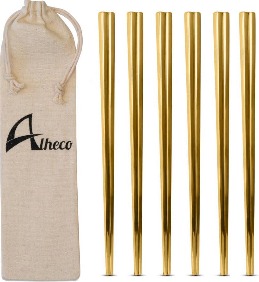 Alheco Set van 6 paar moderne chopsticks Eetstokjes metaal voor sushi RVS Vaatwasserbestendig Goud