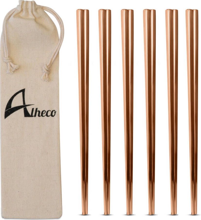 Alheco Set van 6 paar moderne chopsticks Eetstokjes metaal voor sushi RVS Vaatwasserbestendig Rosé goud