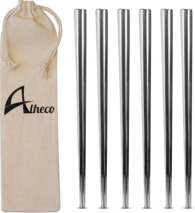 Alheco Set van 6 paar moderne chopsticks Eetstokjes metaal voor sushi RVS Vaatwasserbestendig Zilver