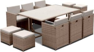 Alice's Garden Vasto set 1 rechthoekig tafel 6 stoelen en 4 voetenbanken van gevlochten hars