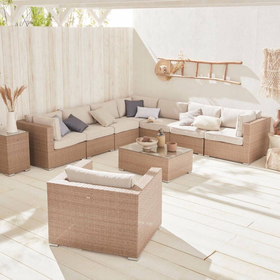 Alice's Garden Wicker loungeset 8 elementen VENEZIA 10 plaatsen modulair- aluminium frame en dikke kussens beige beige