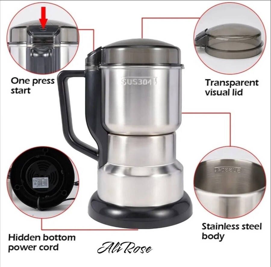 AliRose Multifunctionele Krachtige Blender RVS Voor bonen kruiden noten en meer