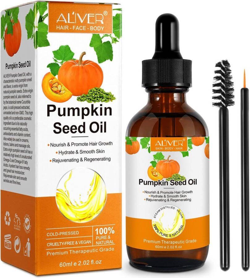 ALIVER Pompoenpitolie voor haargroei biologische pompoenpitolie voor haar 100% puur koud geperst massageolie voor wenkbrauwen en wimpergroei huidverzorging 60 ml