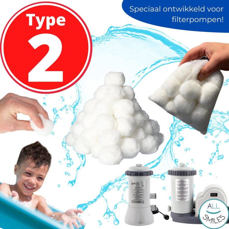 All Smiles Type 2 II Zwembadfilter Herbruikbaar Geschikt als filtermedium voor elke Bestway Type 2 II zwembadpomp Zwembad Onderhoud Filtercartridge II Filterbollen vervanger Type 2 inclusief 2 waszakjes
