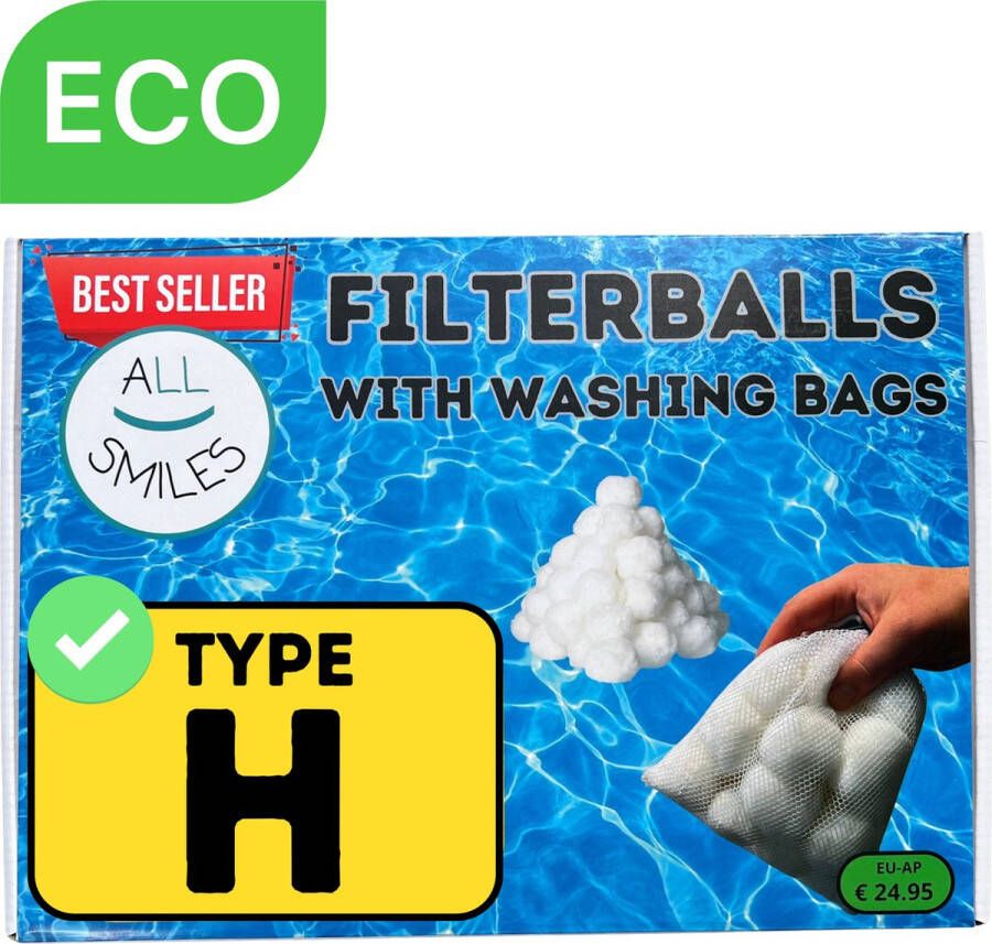 All Smiles Type H Zwembadfilter Herbruikbaar Geschikt als Zwembad Filter Intex H Zwembad Onderhoud Filtercartridge H Filterbollen vervanger H Intex inclusief 2 waszakjes Polysphere Filterballen Fiberballs