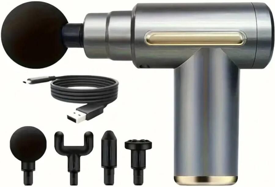 All4Shop Massage Gun- Inclusief Koffer en 4 Opzetstukken- Sport en Relax Massageapparaat Krachtig en Draadloos- Zilverachtig kleur-Professioneel Massage pistool Fitness