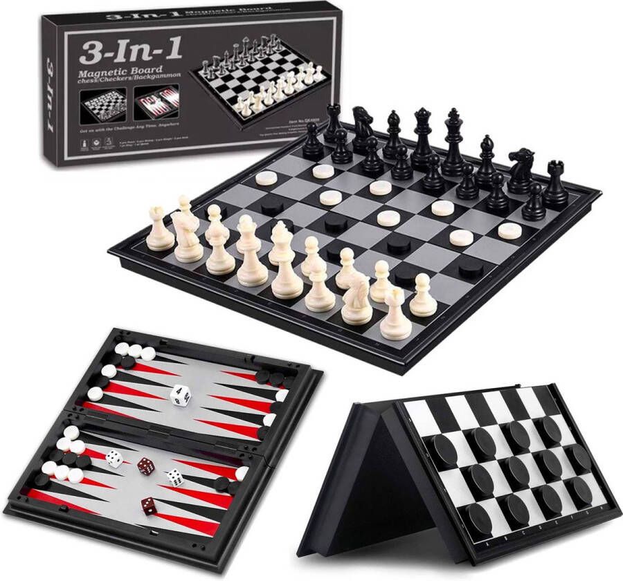 Allerion 3-in-1 Schaakbord Set – Schaken Dammen Backgammon – Magnetisch Schaakbord – Reis Spel – 25cm x 25cm