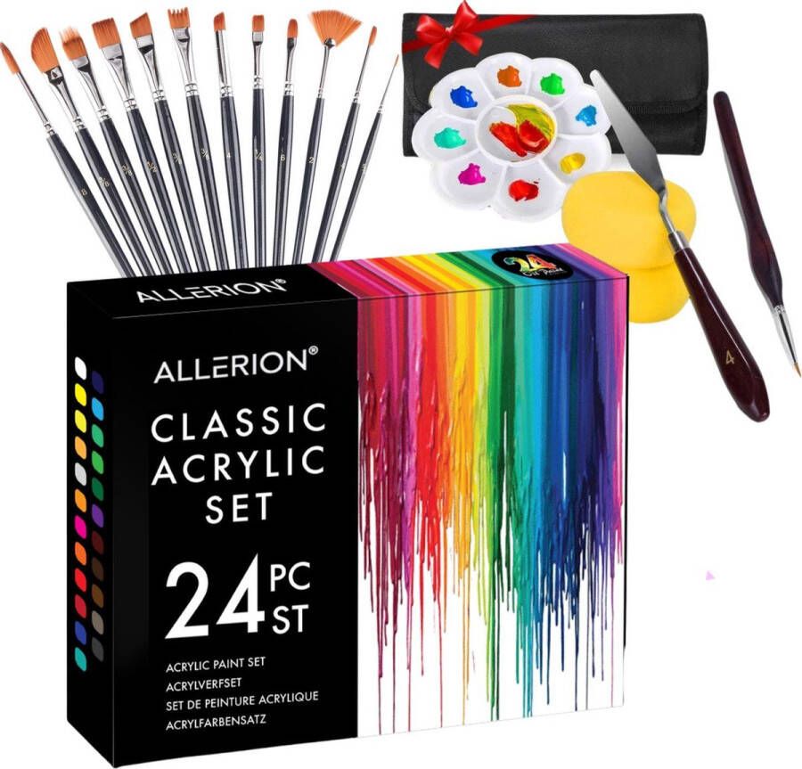 Allerion Acryl Verf Set – Schilderen 24 Verschillende Kleuren – Inclusief Kwastjes en Pallet 24x 12ml Acrylverf – Voor kinderen en volwassenen