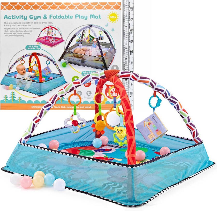 Allerion Baby Gym Ballenbak – Baby Speelmat – Opvouwbaar – Met 5 Hangers en 18 Ballen – Blauw – 80cm x 80cm