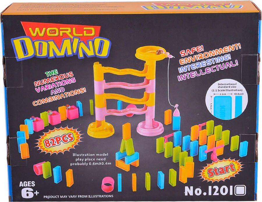 Allerion Domino Set Medium – Domino Stenen Spel voor Kinderen – Met Knikkerbaan 82 Dominostenen – 7-delige knikkerbaan – 8 Attributen