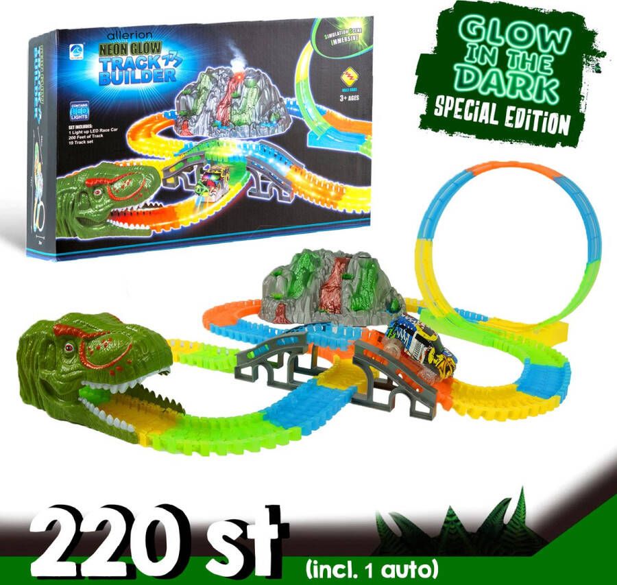 Allerion Glow in the Dark Racebaan – 220-delig – Looping – Met Zelfrijdende Auto en Echte Rook – XXL Speelset