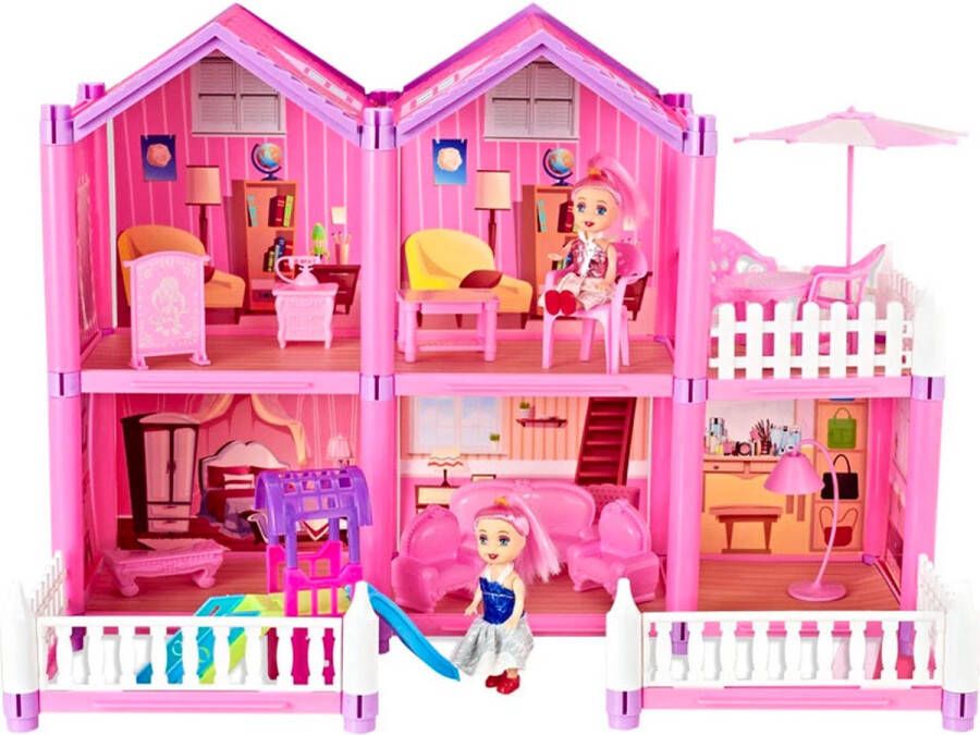 Allerion Poppenhuis – Met Meubels en Poppen – Inclusief Accessoires – 126-delig Roze