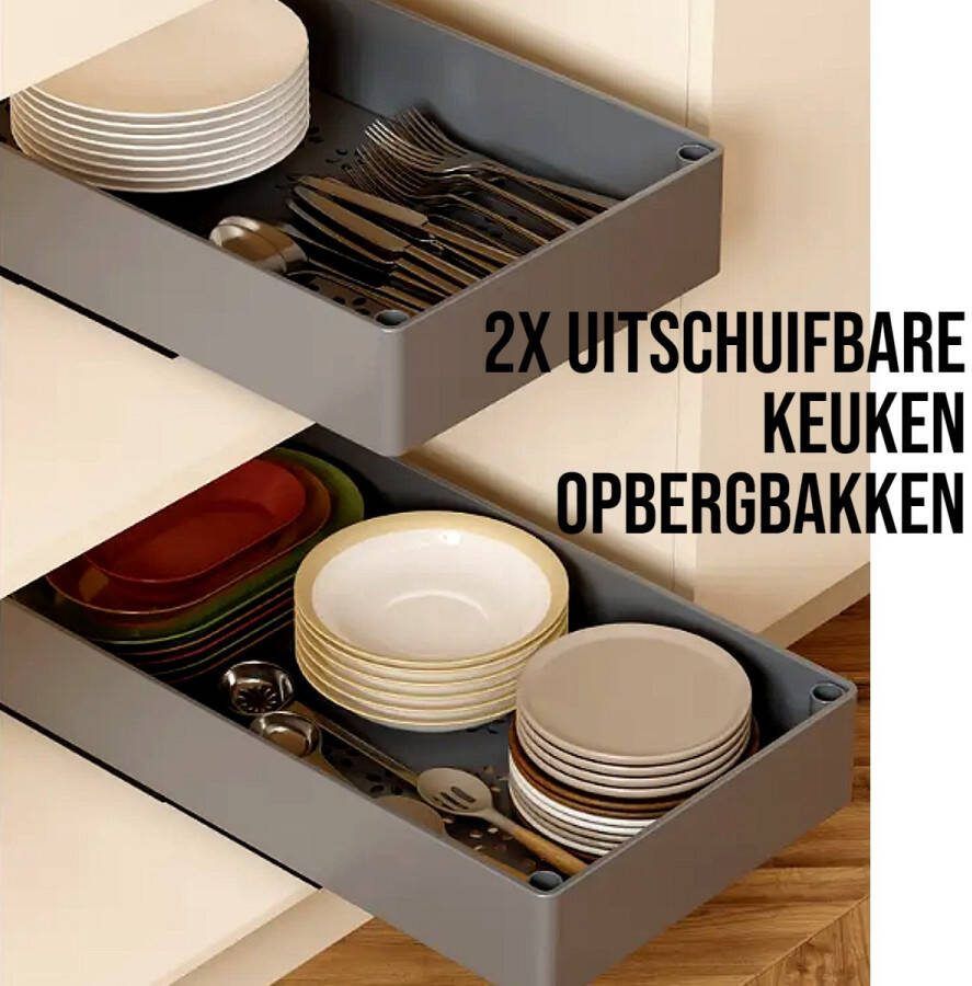 Allernieuwste.nl 2 Stuks Uitschuifbare Keuken Opbergbak Zonder Boren Grijs 38x20x5.2cm Slimme Organisatie