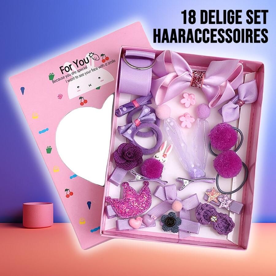 Allernieuwste.nl 18-Delige Paarse Haaraccessoires Set voor Kinderen Elastiekjes & Knipjes Kinderkado