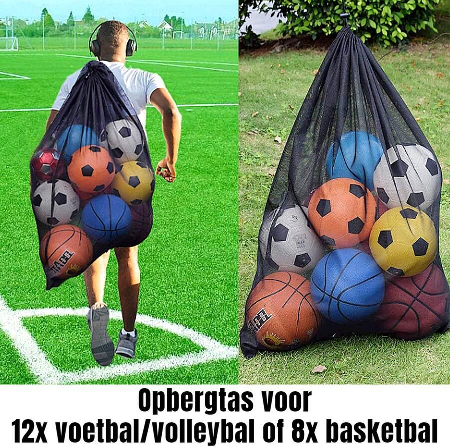 Allernieuwste.nl Opbergtas Voor 12 Voetballen Volleyballen Basketballen Nettas Met Verstelbare Schouderband en Trekkoord 72 x 100 cm Zwart