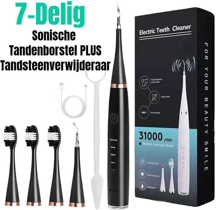 Allernieuwste.nl SET Oplaadbare Sonische Tandenborstel PLUS Tandsteenverwijderaar Ultrasone Tandenbostel Tandsteen Verwijderen 5 standen 31000 min Kleur Zwart ##