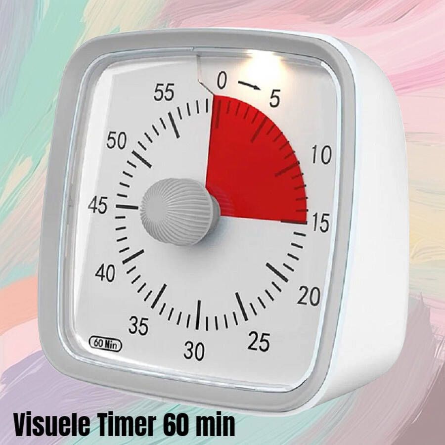 Allernieuwste.nl Visuele Afteltimer Countdown Timer Tijdklok 60 Minuten Leerklok Kind School Thuis Keuken Kantoor Stille Timer Met Nachtlampje Wit Rood