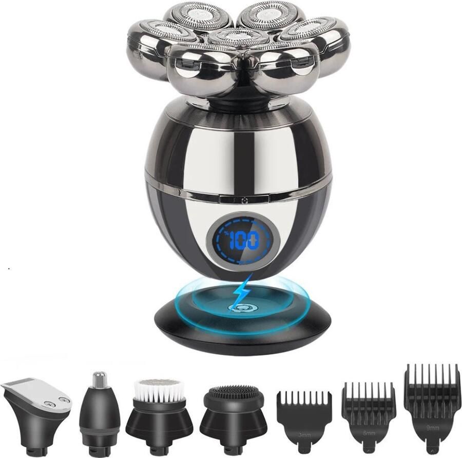 ALLGoods. 7-in-1 Scheerapparaat Mannen – Effectieve Skull Shaver – Waterdichte Baardtrimmer mannen – Bodygroomer – Neustrimmer Mannen – Scheerapparaten met LED Scherm met Extra Opzetstukken Zilver
