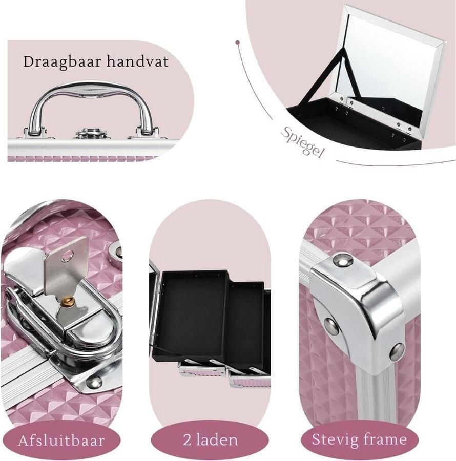 ALLGoods. Cosmetica Koffer met Spiegel Make-up Koffer met Verstelbare Vakken – Visagie Koffer – Cosmetica Organizer – Kapperskoffer -Pedicure Koffer – Mobiele Koffer voor Kappers Roze