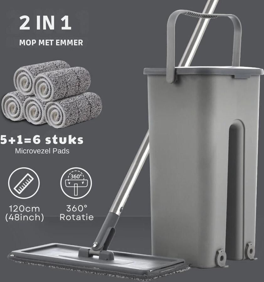 ALLGoods. Professioneel Dweilsysteem met Wringer Dweilset incl. Emmer en Steel – Vloerreiniger voor Elke Vloer Dweilstok 6 Microvezel Doeken – Zelfreinigende Vloerwisser Dweil Blauw