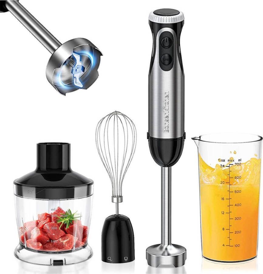 ALLGoods. Bonsenkitchen Staafmixer Set 4-in-1 Handmixer 1000Watt Hakmolen Roestvrij Staal – Handblender met Turbo – Professionele Hakmolens 240V – Staafmixer 1000 watt Staafmixers Staal Zwart