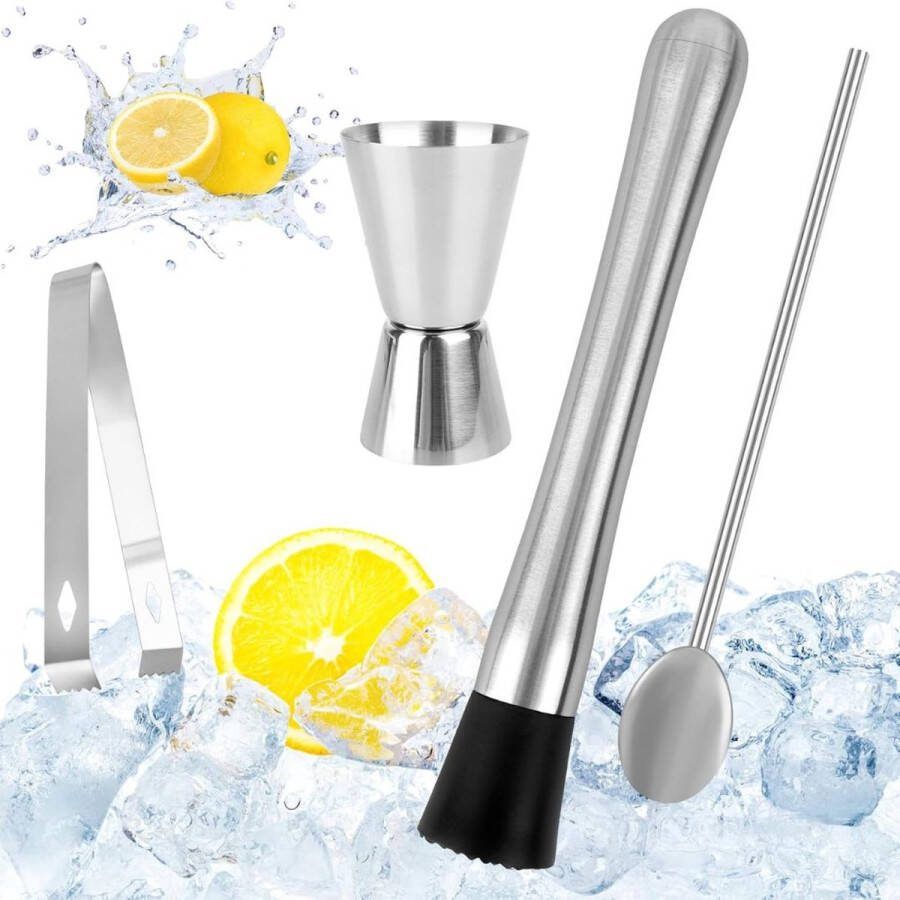 ALLGoods. IJscrusher Roestvrijstalen Cocktail Stamper met Cocktaillepel Barman Set Mojito Stamper IJsvergruizer Stamper Shaker met Maatbeker Bar Accessoires voor Keuken Restaurant