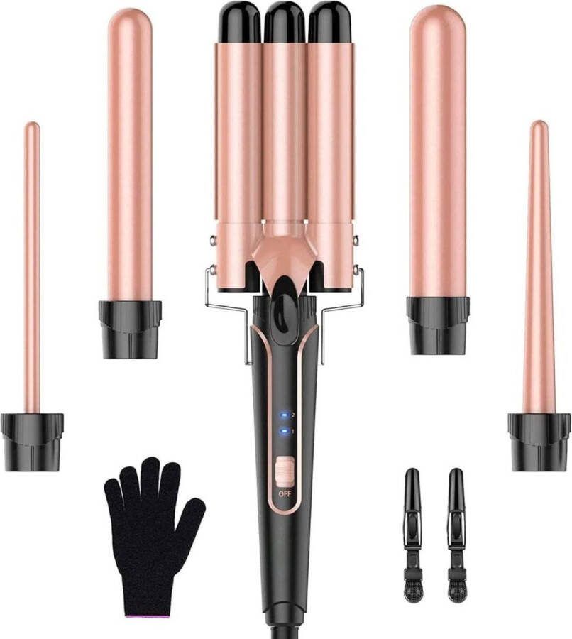 ALLGoods. Professioneel en Automatische Krultang 5 in 1 Krultangen Krulborstel Roterend Incl. Handschoen haarklem Haarkruller Automatisch Hair Curler Airstyler Voor Alle Haarstijlen Fohnborstel Multistyler Roze