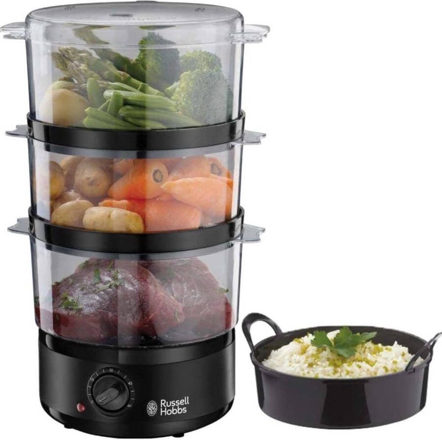 ALLGoods. Russell Hobbs Stoompot – Stoompan – Stoomkokers – Stoomkoker Baby – Stoom Koker – met Pan – 7L – 3-Delig – Automatische uitschakeling 3 Vaatwasmachinebestendig + Rijstkom Ijskoker BPA-vrij Zwart