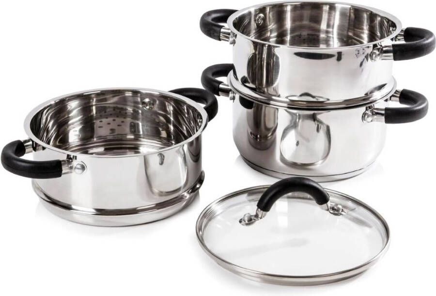 ALLGoods. Stoompot – Stoompan – Stoomkokers – Stoomkoker Baby – Stoom Koker – met Pan – 18CM – 3-Delig – Zilver