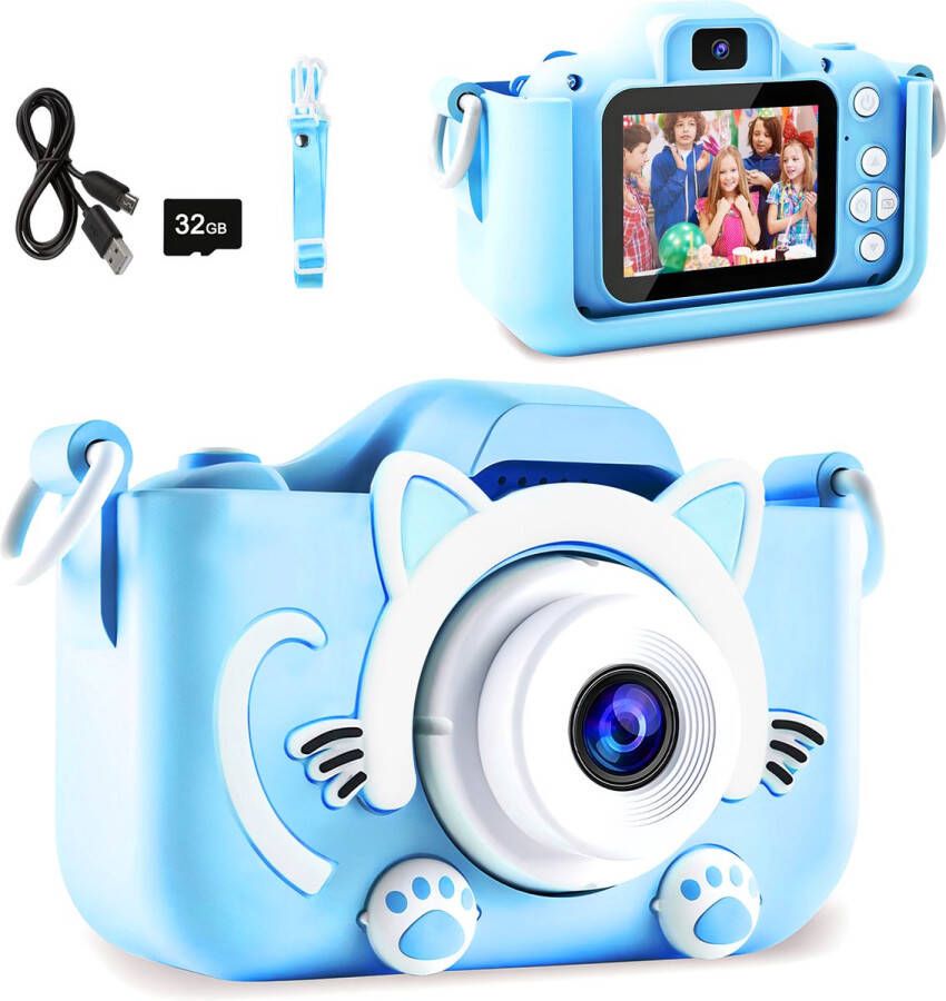 Allkinds Digitale Kindercamera met 32GB Micro SD Kaart 10 x 6 cm Schokbestendig Fototoestel voor Kinderen Vlog Camera USB Oplaadbaar Blauw