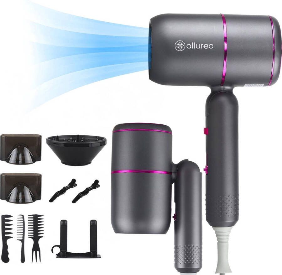 Allurea Föhn met Diffuser incl. E-book Meest Complete Set Reisföhn Inklapbaar Ionische Haarföhn 3 Opzetstukken Haardroger met Borstel