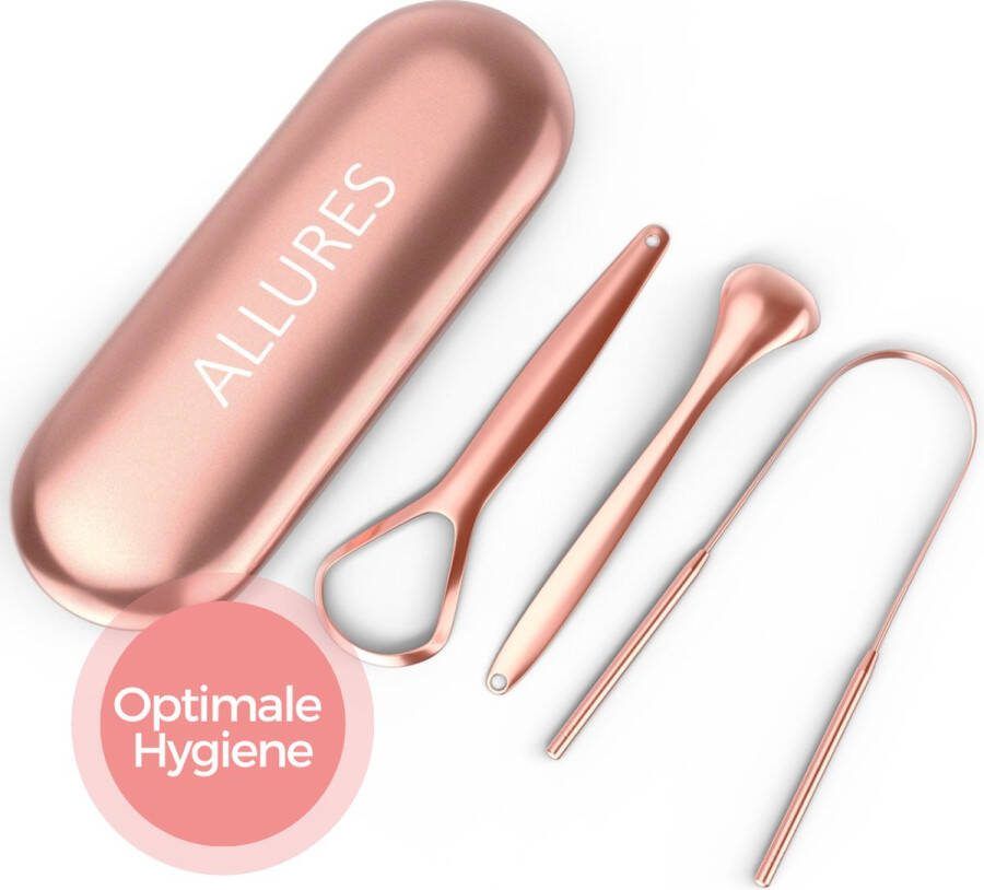 Allures Tongschraper 3 Stuks Tongreiniger Tongborstel en Tong Schraper Voor Mondverzorging RVS Rose Gold