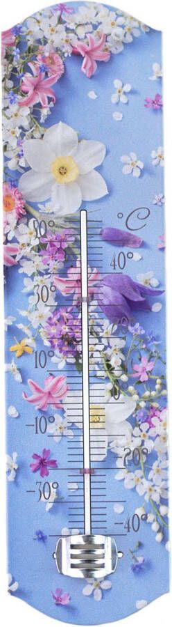 Merkloos Alma Garden Binnen buiten thermometer met lentebloemen print blauw metaal 29 x 6.5 cm Buitenthermometers