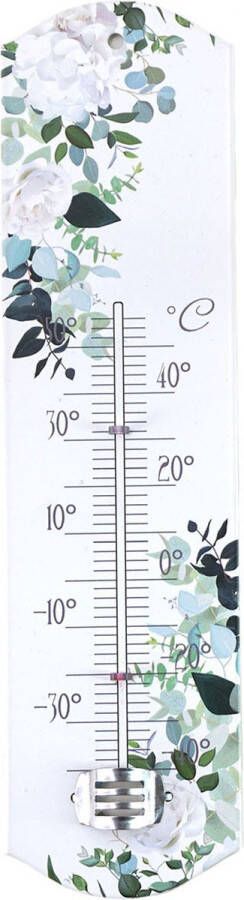 Merkloos Alma Garden Binnen buiten thermometer met lentebloemen print wit metaal 29 x 6.5 cm Buitenthermometers