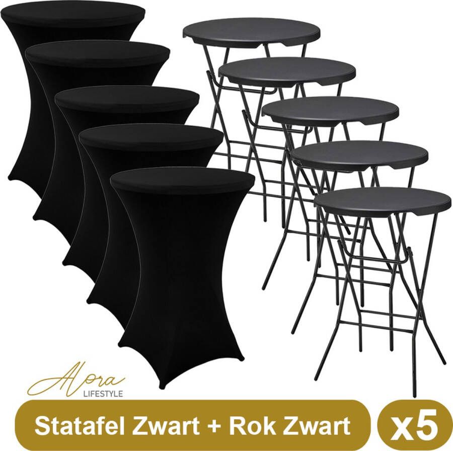 Alora 5x Zwarte Statafel + Zwarte Statafelrok x 5 – ø80 cm x 110 cm hoog