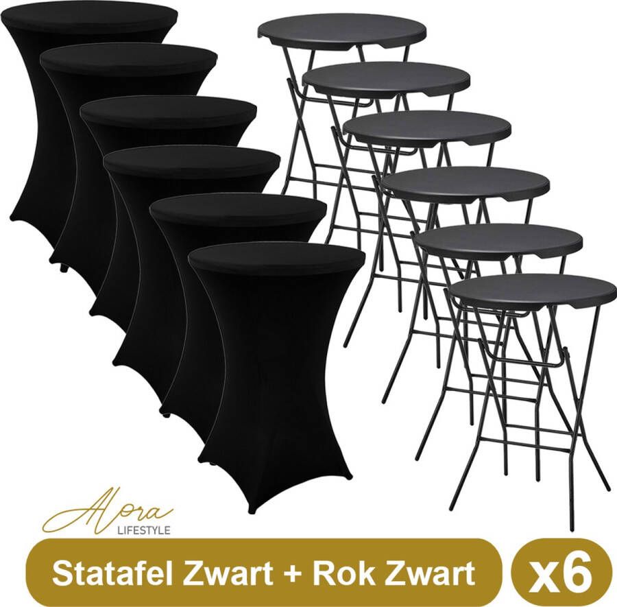 Alora 6x Zwarte Statafel + Zwarte Statafelrok x 6 – ø80 cm x 110 cm hoog