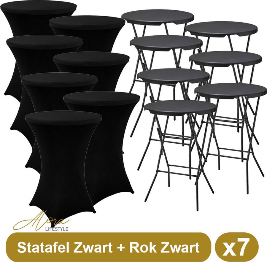 Alora 7x Zwarte Statafel + Zwarte Statafelrok x 7 – ø80 cm x 110 cm hoog