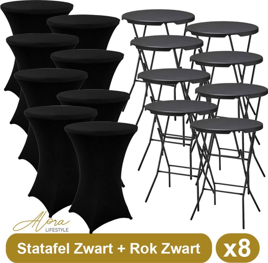 Alora 8x Zwarte Statafel + Zwarte Statafelrok x 8 – ø80 cm x 110 cm hoog