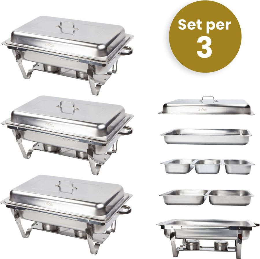 Alora Chafing Dish chrome 3 bakken per 3 voedsel verwamer voedsel warmhouden met deksel buffetwarmer roestvrij staal chrome warmhoudplaat bain maria warmhoudbakken Warmhoudschalen