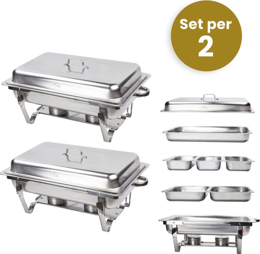 Alora Chafing Dish Chrome 6 bakken per 2 Voedsel Verwamer Voedsel Warmhouden met Deksel Buffetwarmer Roestvrij Staal Warmhoudplaat Bain Maria Warmhoudbakken Warmhoudschalen