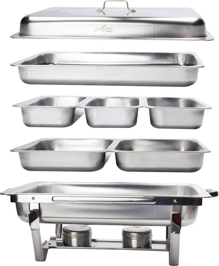 Alora Chafing Dish Chrome 6 bakken Voedsel Verwamer Voedsel Warmhouden met Deksel Buffetwarmer Roestvrij Staal Warmhoudplaat Bain Maria Warmhoudbakken Warmhoudschalen