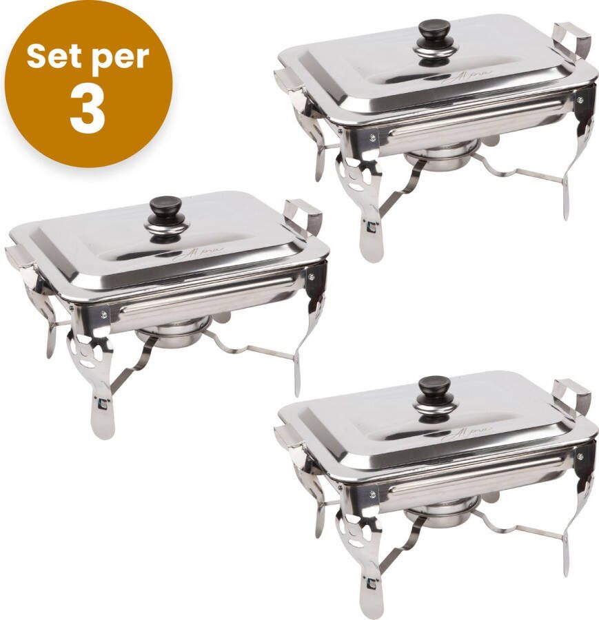 Alora Chafing Dish chrome Set van 3 voedsel verwamer voedsel warmhouden met deksel buffetwarmer roestvrij staal chrome warmhoudplaat bain maria warmhoudbakken 40 x 28 x 25cm Warmhoudschalen