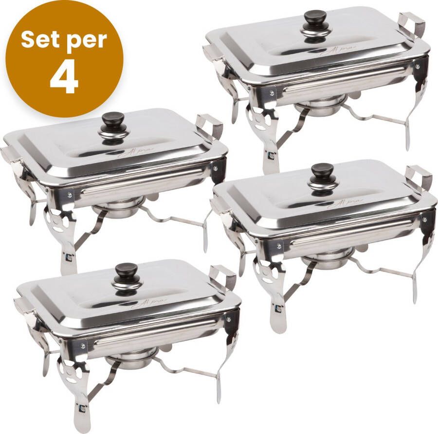 Alora Chafing Dish chrome Set van 4 voedsel verwamer voedsel warmhouden met deksel buffetwarmer roestvrij staal chrome warmhoudplaat bain maria warmhoudbakken 40 x 28 x 25cm Warmhoudschalen