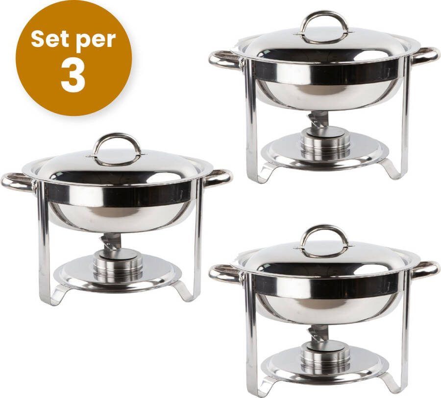 Alora chafing dish rond 4.5L per 3 geschikt voor soep buffet Set van 3 voedsel verwamer voedsel warmhouden met deksel buffetwarmer roestvrij staal 4.5 liter inhoud warmhoudplaat bain maria warmhoudbakken Warmhoudschalen