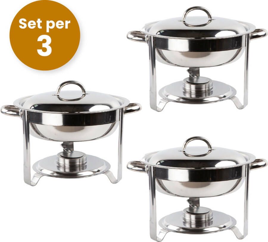 Alora chafing dish rond 4.5L per 3 geschikt voor soep buffet Set van 3 voedsel verwamer voedsel warmhouden met deksel buffetwarmer roestvrij staal 4.5 liter inhoud warmhoudplaat bain maria warmhoudbakken Warmhoudschalen